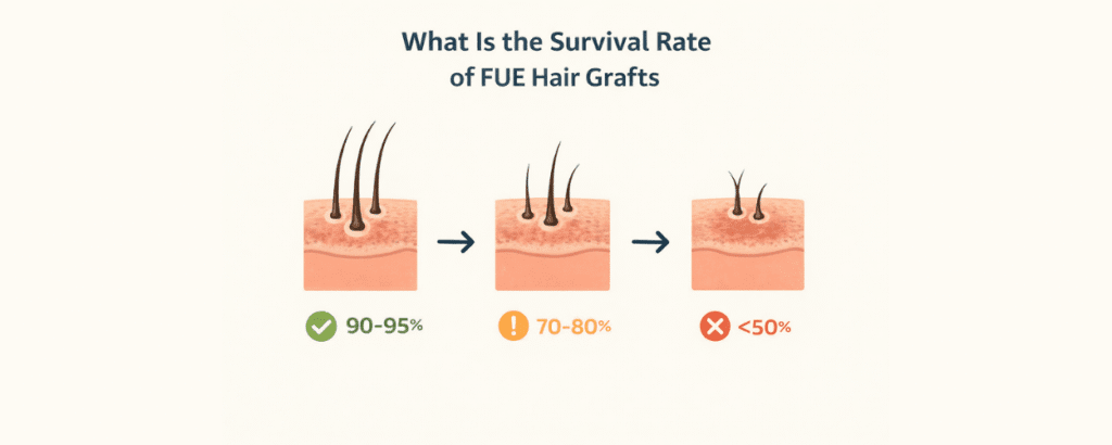 what is the survival rate of fue hair grafts?